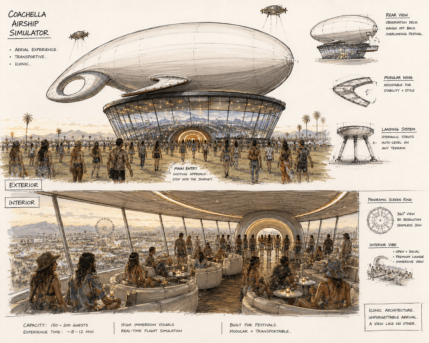 Hand-drawn concept board for the Airship Simulator: exterior and interior sketches with capacity, flight time, and build notes